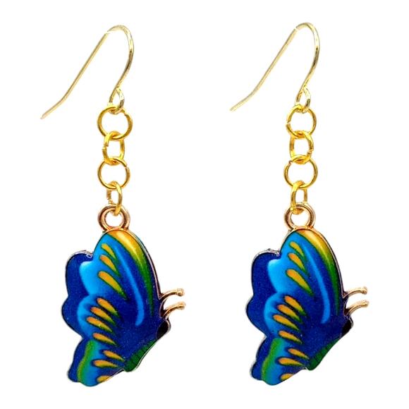 Blue Green Yellow Butterfly Earrings Colorful Jewelry Gift for Her - Picture 1 of 3